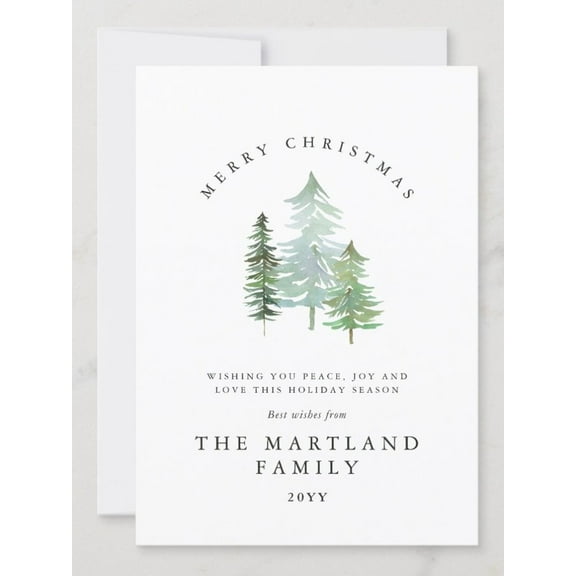 Merry Christmas Family Greeting Card – Elegant Watercolor Pine Trees Design – Blank Inside, Perfect for Holiday Wishes – Includes Envelope for Sending Cheer