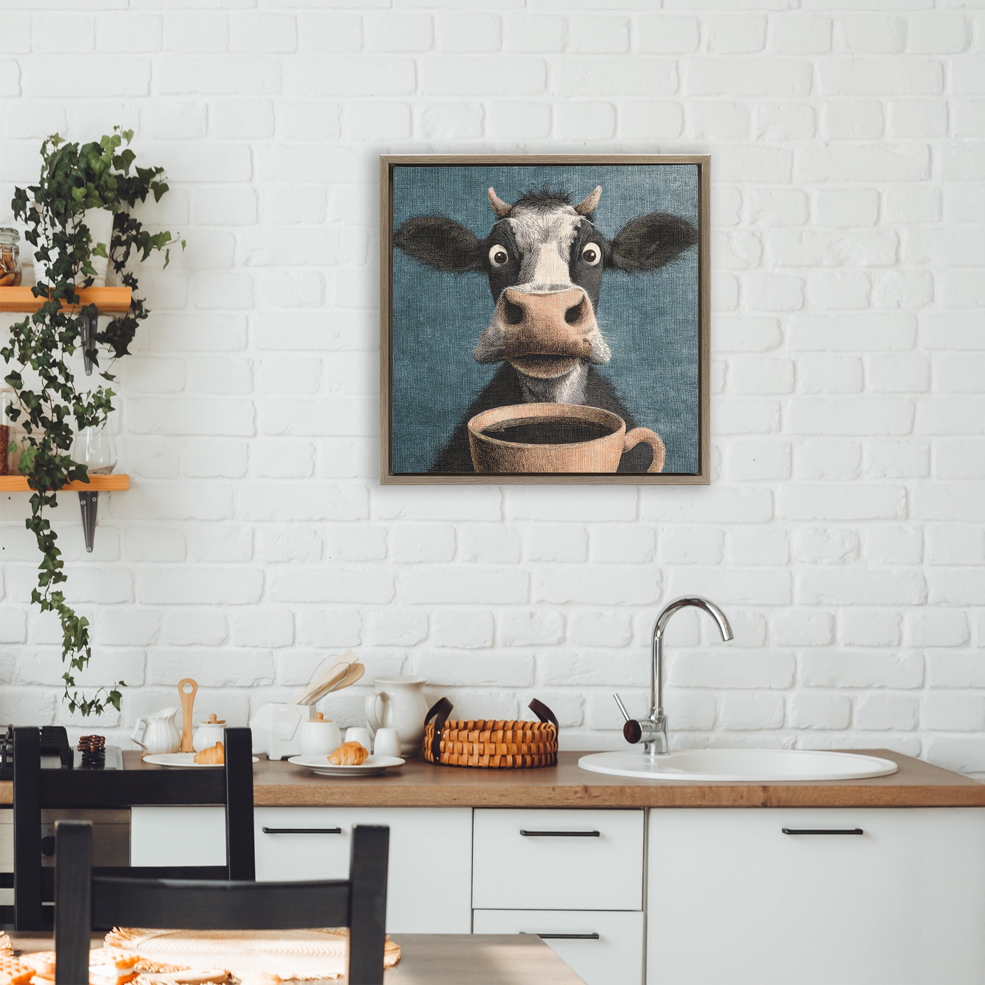 Stupell Industries Grumpy Cow & Coffee Brown Framed Floater Canvas Wall Art, design by The Wands Want