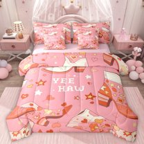 Homewish Kawaii Pink Boots Twin Bedding Sets 7-Piece for Preppy Kids Children,Western Cowgirl Bedding Comforter Set Microfiber,Stars Print Breathable Sheet Sets,Super Cozy Room Decor,Reversible