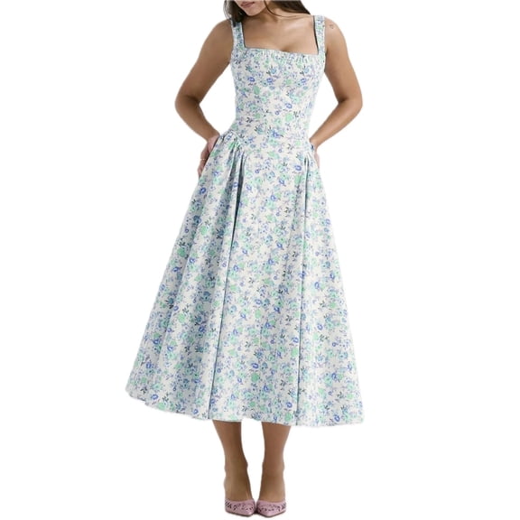 Women's Floral Square Neck Wide Strap Midi Dress 100% Polyester Lightweight Easy Care Imported For Everyday Wear