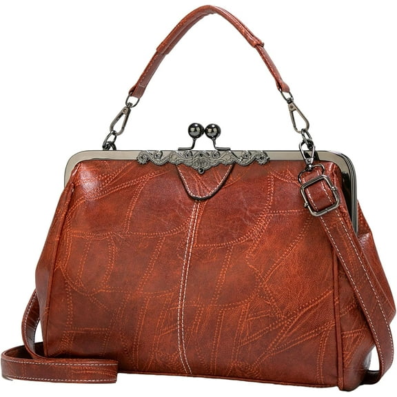 Women Vintage Crossbody Bag Top Handle Kiss Lock Handbag Retro Daily Purse PU Leather Tote Women Satchel Messenger Bag