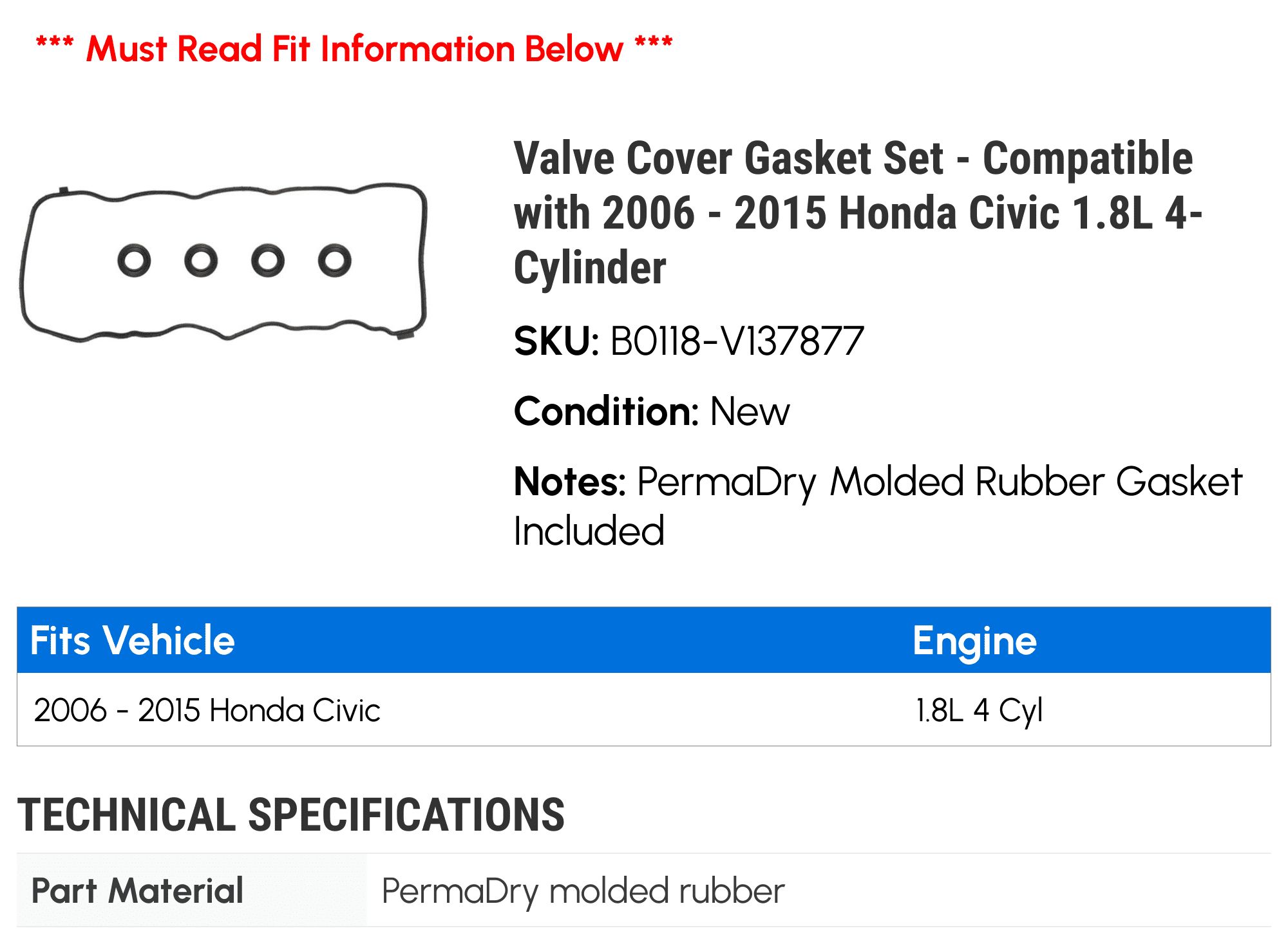 Valve Cover Gasket Set - Compatible with 2006 - 2015 Honda Civic 1.8L 4-Cylinder 2007 2008 2009 2010 2011 2012 2013 2014