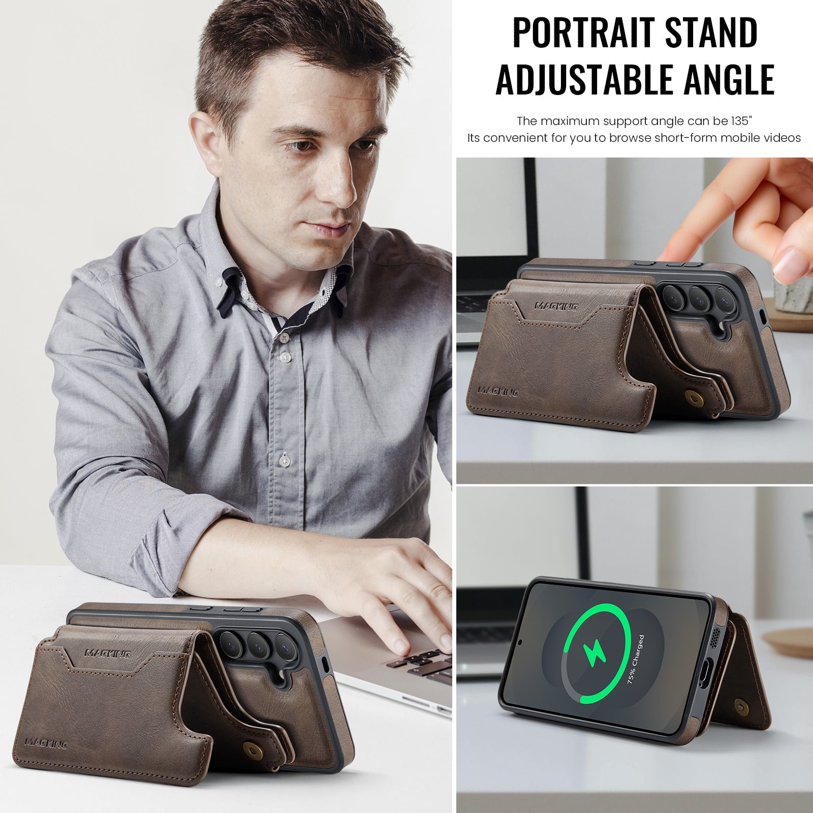 Designed for Samsung Galaxy S25 Wallet Phone Case,Magnetic Detachable Flip Card Holder,Back Flip Kickstand,Compatible with Mag-Safe,2-in-1 PU Leather Heavy Duty Shockproof Phone Case,Coffee