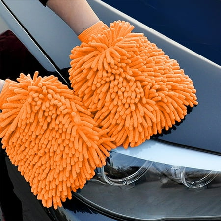 Double Sided Chenille Car Wash Mitts - Coral Fleece Soft & Effective Cleaning Gloves Large Surface Area No Scratch High Water Absorption (1pc) Orange