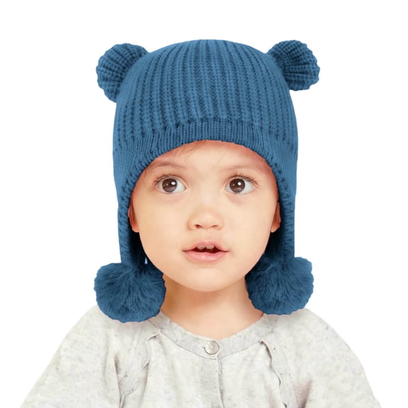 SuTry Boys Girls Knitted Beanie Hat Warm Ear Protection Cute Bear Ears Double Pom Poms Winter Soft Cozy Comfortable Hat(Blue,1-2 Years)