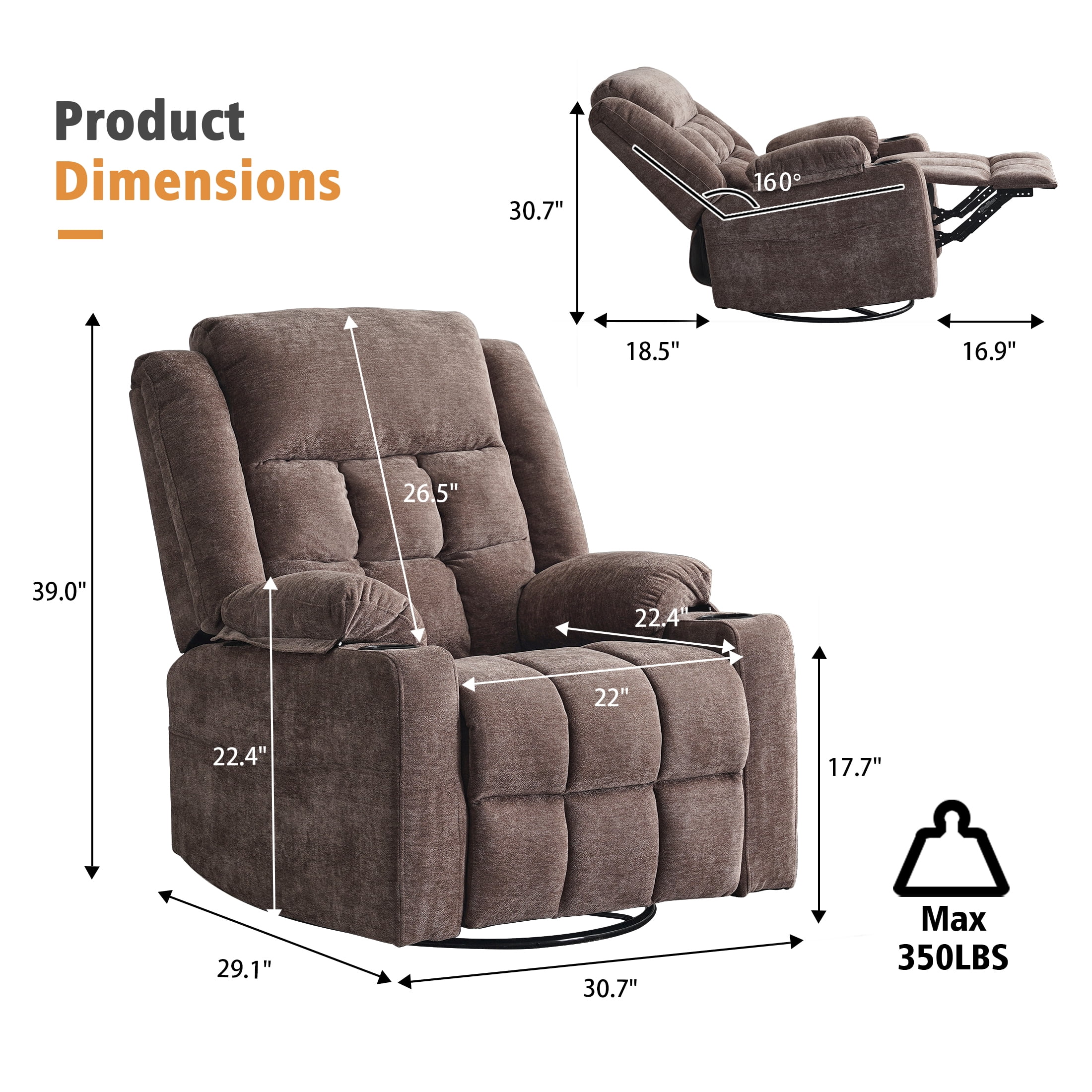 Sfxingyou Power Swivel Recliner Massage Chair, USB and Type-C Ports, Glider Chairs Living Room,Coffee