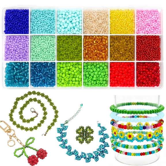 GARITIN Glass Seed Beads Kit 10000Pcs, 18 Colors 2mm Small Beads & 4mm Tube Beads with Storage Box, DIY Craft Beads for Jewelry Bracelet Making, Necklaces, Earrings