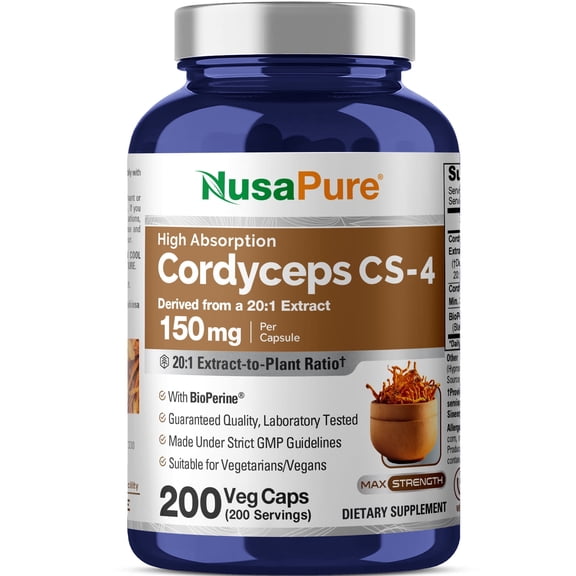 NusaPure Cordyceps CS-4 Capsules, 150 mg, 200 Veg Capsules  (Non-GMO, Vegan)