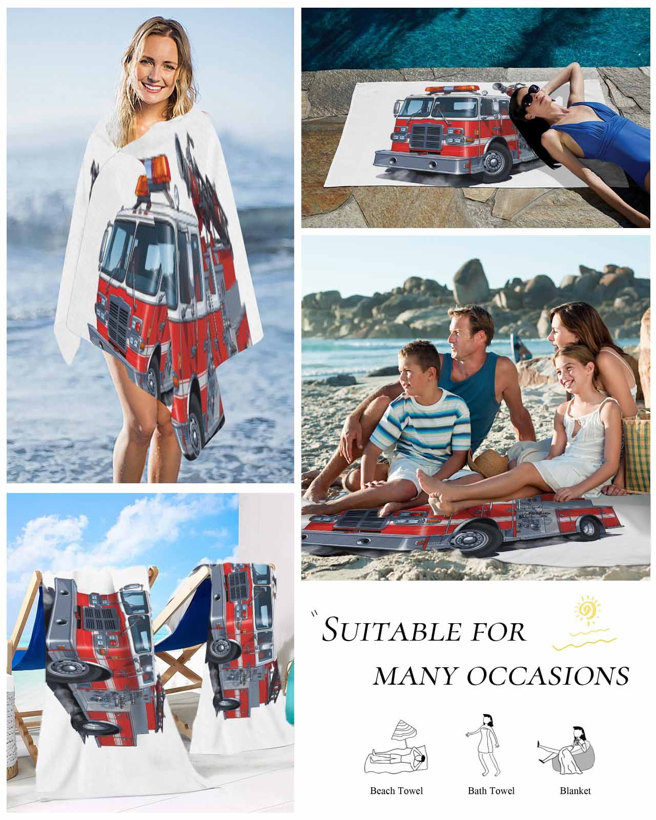Fire Trucks Beach Towels Oversized Super Absorbent, Modern Cartoons Vehicles Lightweight Bath Towel Quick Dry Sets For Bathroom/Pool/Rv Camping/Beach Play/Gym Room/Picnic 35"x70"