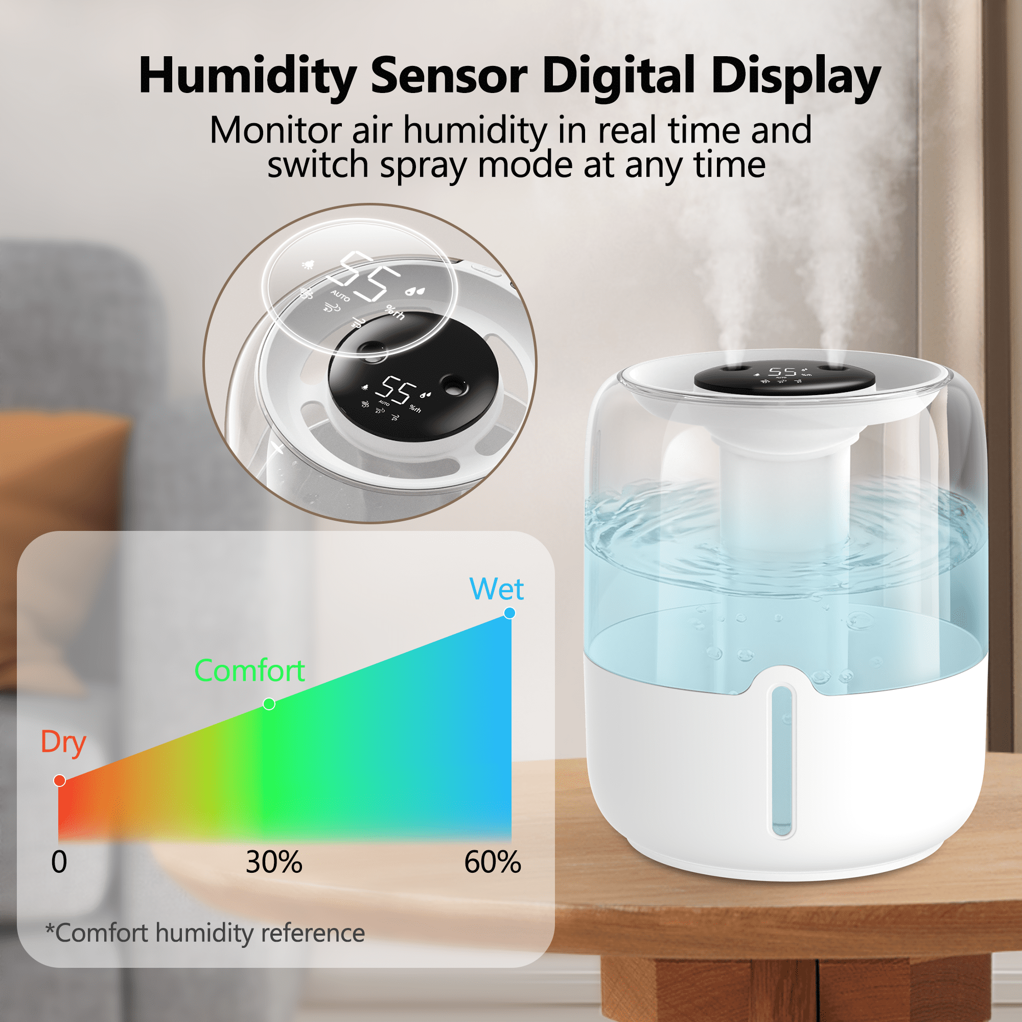BCOOSS 4L Cool Mist Humidifier for Room Home Top Fill Ultrasonic Air Humidifier and Vaporizer with Humidity Sensor