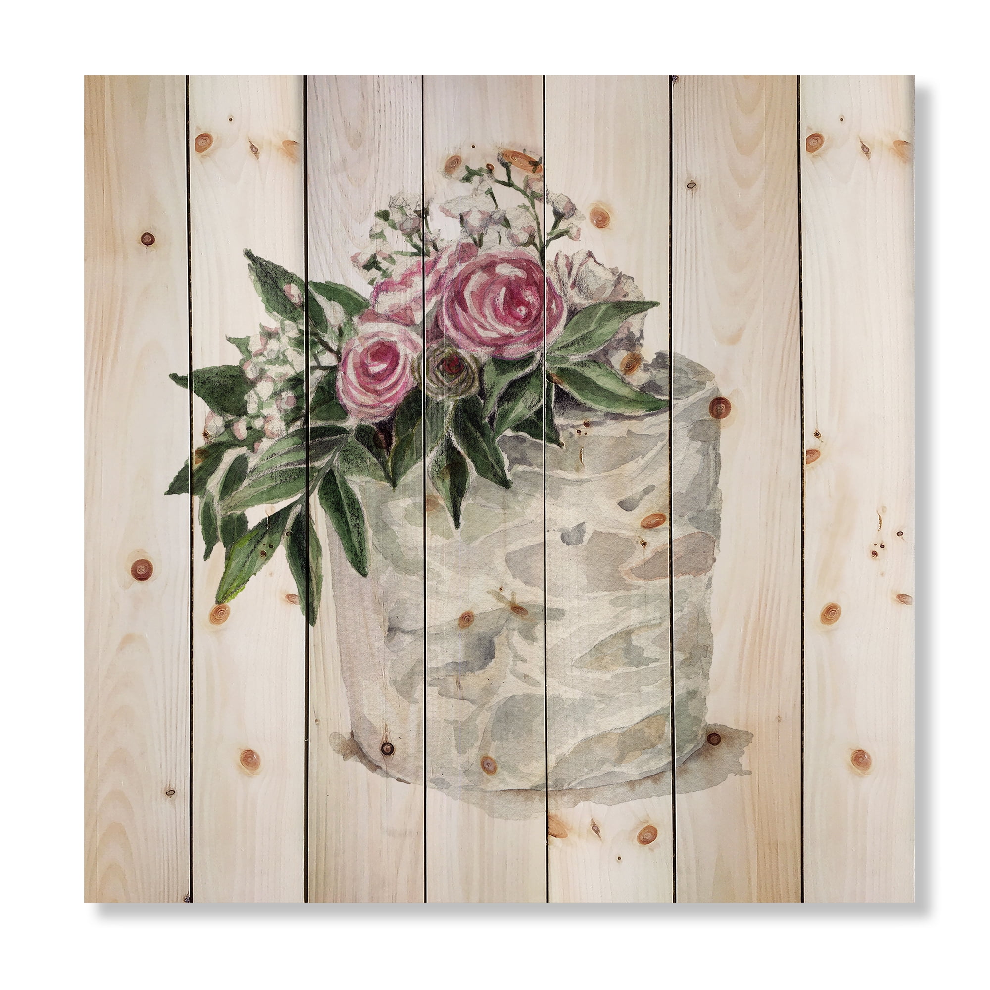 Designart 'White Flowers and Pink Roses On Cake' Traditional Print on Natural Pine Wood