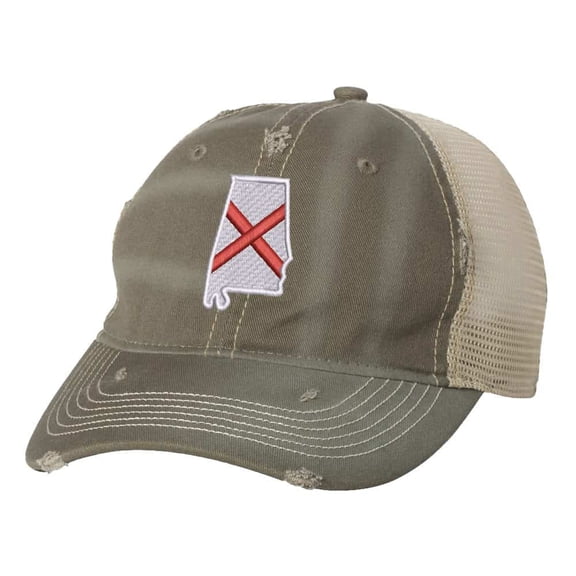 Alabama State Hat - Distressed Flag Design - Vintage Crimson Tide Trucker Strapback Cap (Olive)