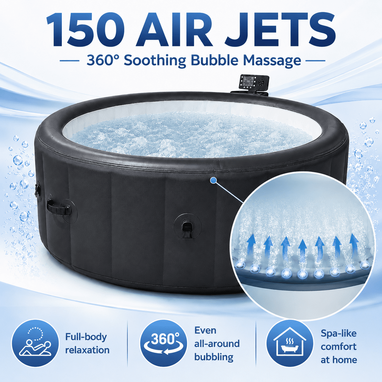 85" Inflatable Hot Tub for 4-6 Persons, Portable Outdoor Spa Tub with 150+ Air Jets, 104°F Heating, 6-Color Ambient LED Lights, Bubble Massage, One-Touch Inflation, Filter System, Cover & Floor Mat