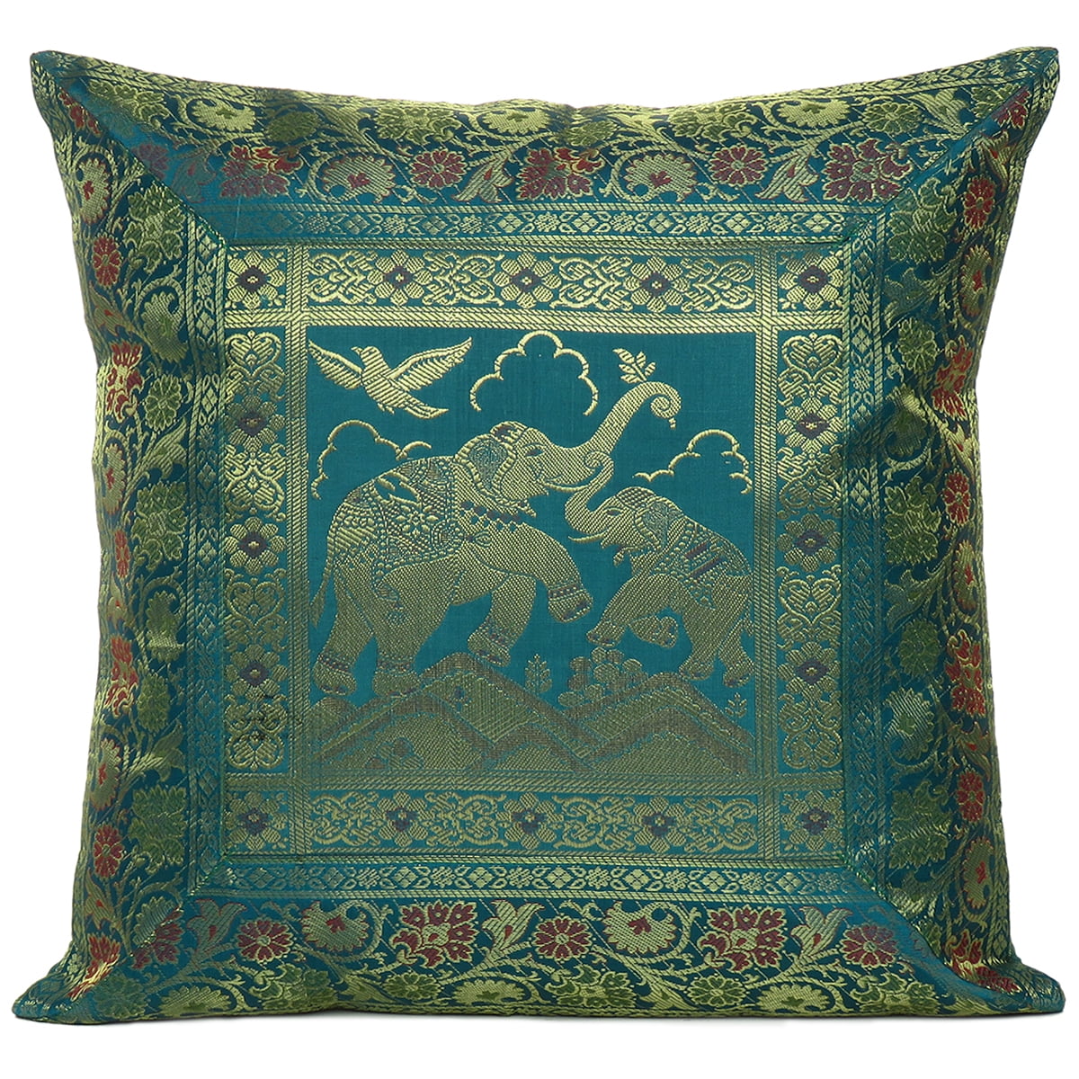 Decorative Square Throw Pillow Cover Elephant Print Silk Brocade Cushion Covers 