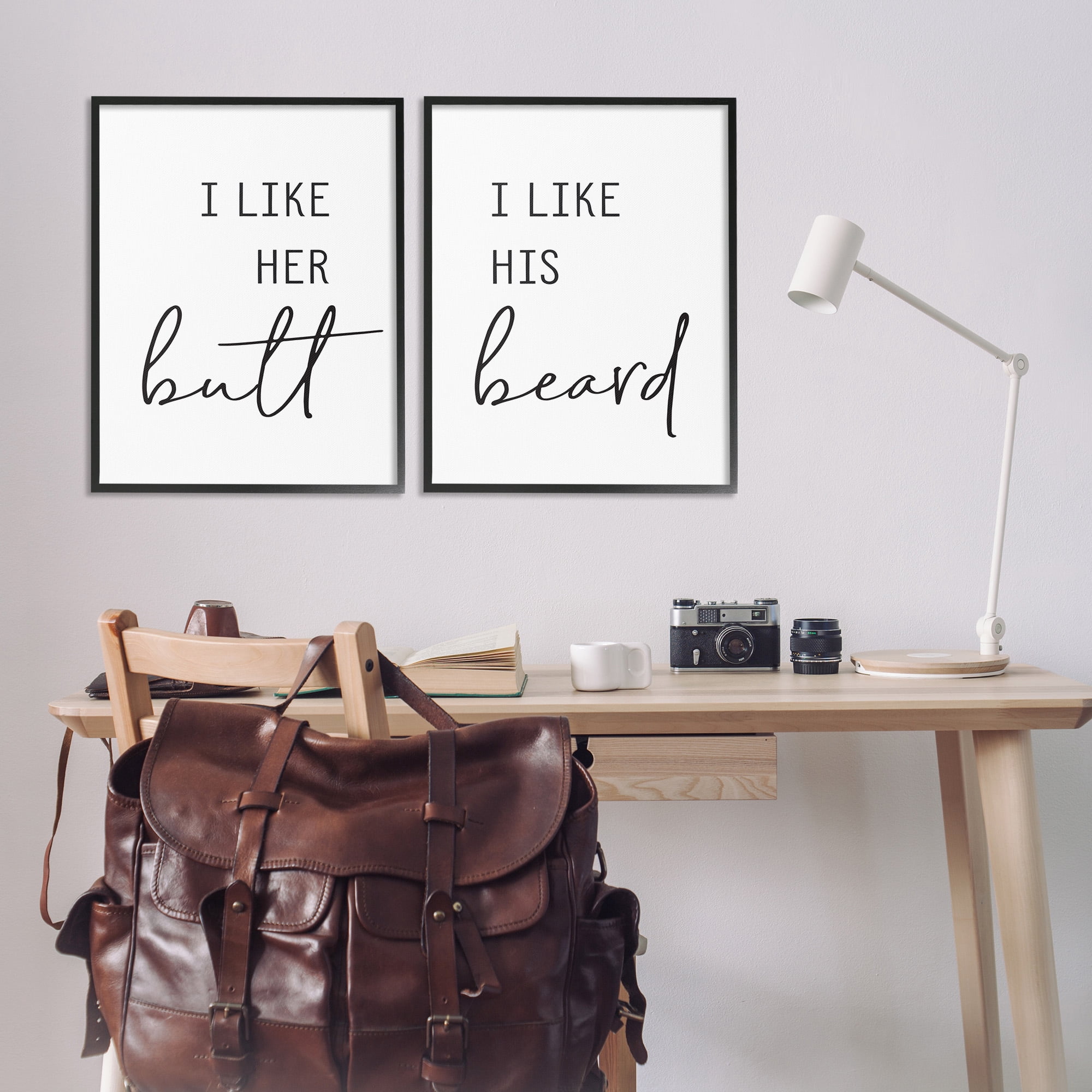 Stupell Industries Her Butt His Beard Funny Romantic Typography Painting Black Framed Art Print Wall Art, 24 x 30, Set of 2