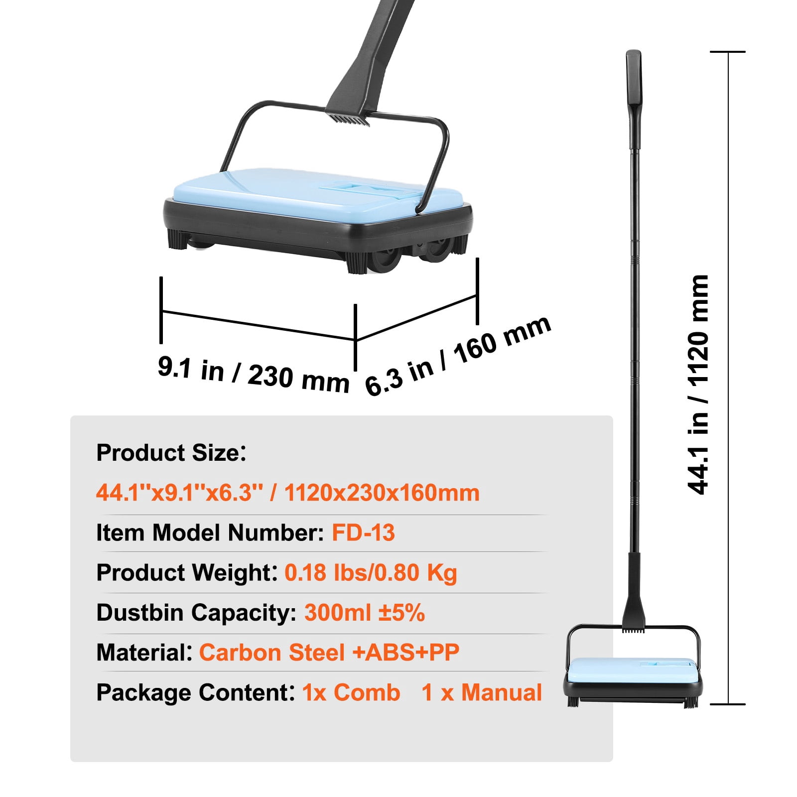 Carpet Sweeper Manual, Floor Sweeper with 300 ml Dustbin Capacity Easy to Empty, 6.7 inch Cleaning Width for Home Office Carpets Pet Hair Dust