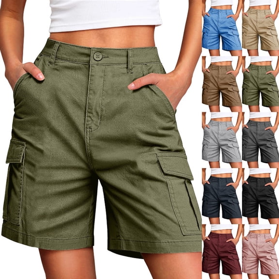 Bermuda Cargo Shorts Women, Elastic High Waist 6 Pockets Shorts 7 Inch Inseam Summer Shorts for Women Casual #Army GreenL