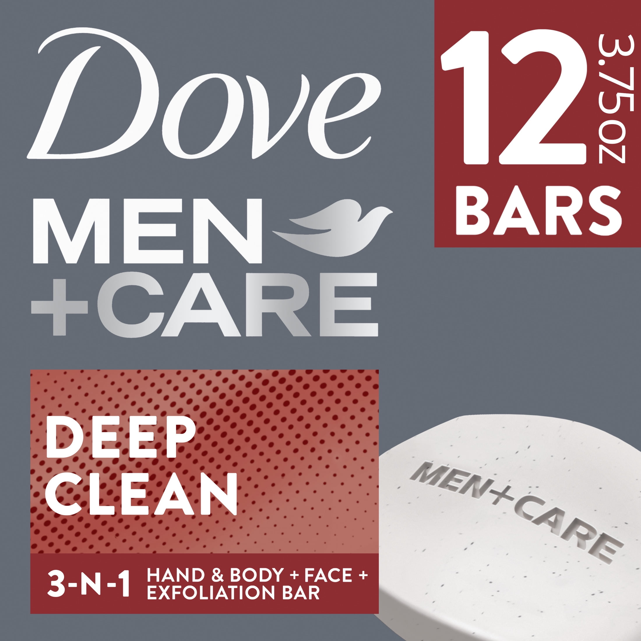(4 pack) Dove Men+Care 3-in-1 Hand & Body + Face + Exfoliation Bar for Dry Skin, Deep Clean, 3.75 oz (12 Bars)