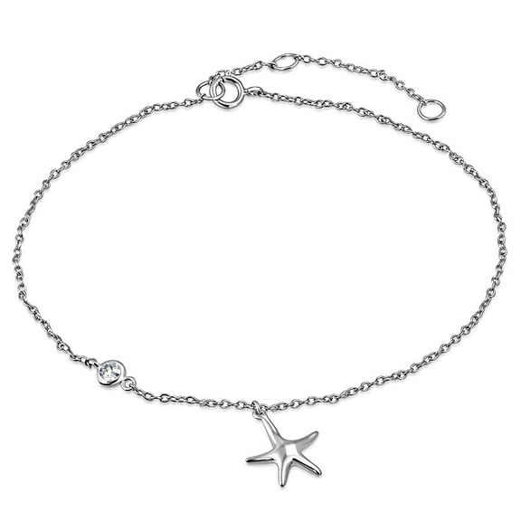 925 Sterling Silver Bezel-Set CZ Starfish Anklet Bracelet