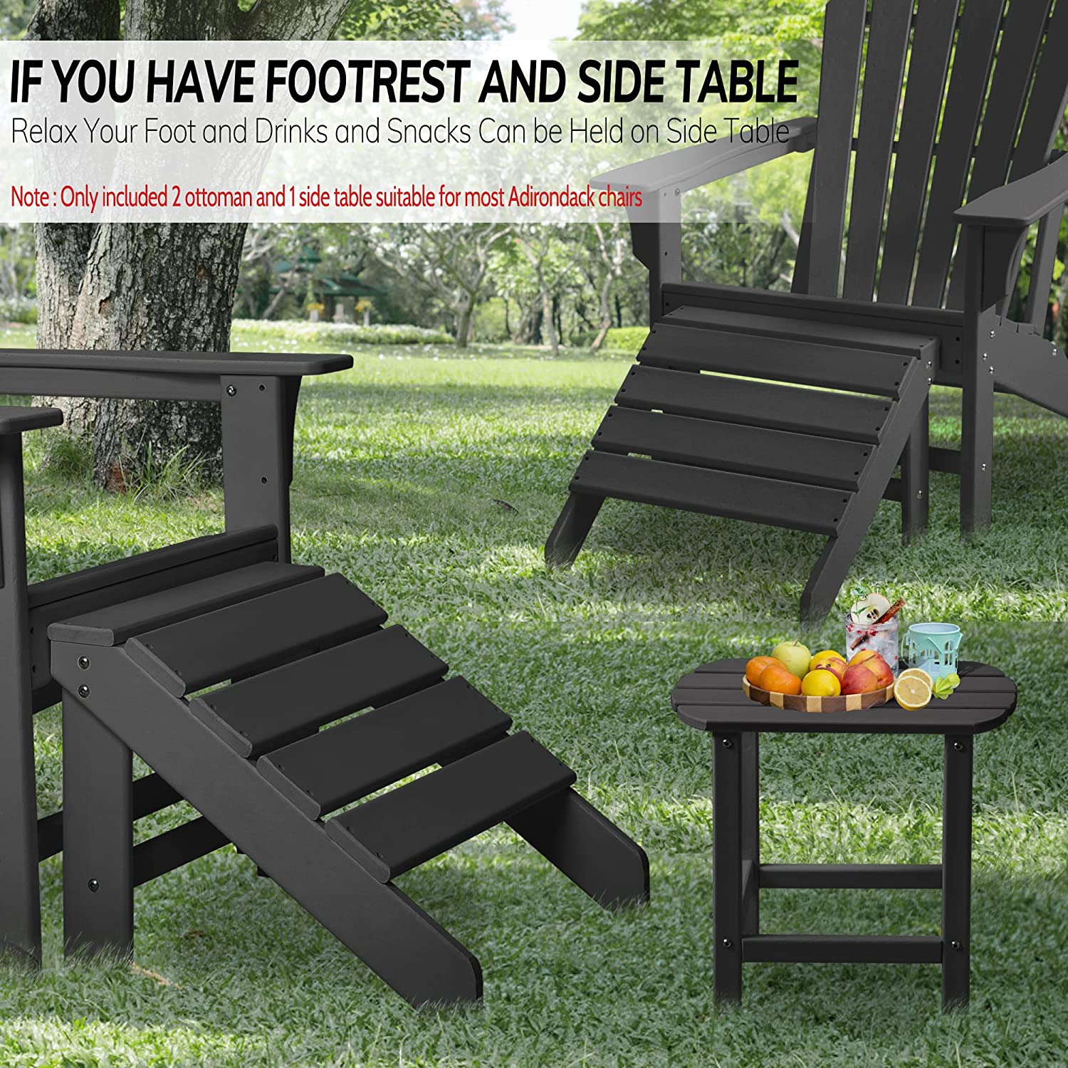 FHFO Adirondack Ottoman and Side Table for Adirondack Chairs, 2 Pieces Outdoor Adirondack Footrest & 1 Piece End Table, Weather Resistant Footstool Table for Adirondack Chair （Black） - image 2 of 5