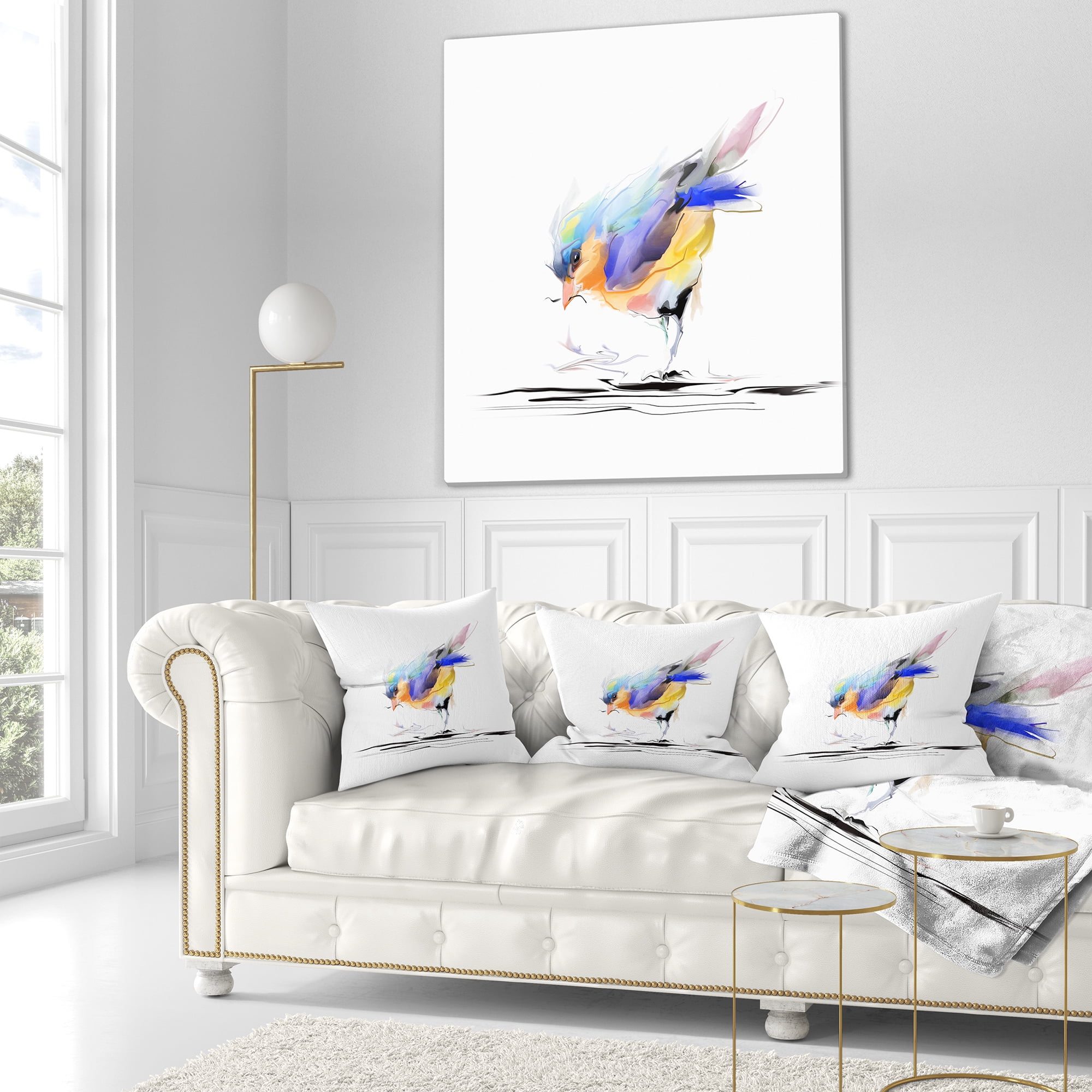 Designart Cute Bird in Purple and Yellow - Watercolor Painting Throw Pillow - 16x16