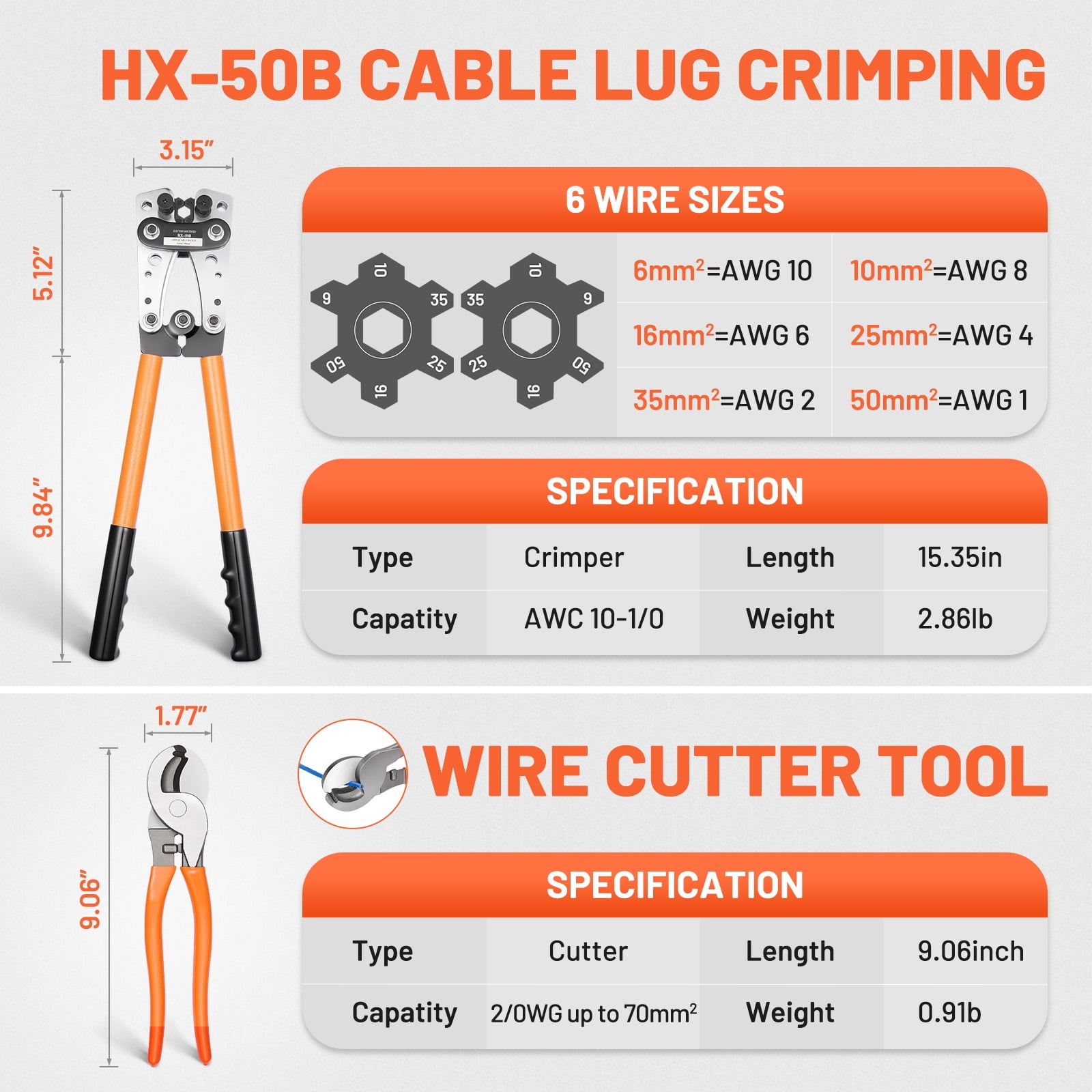 Filluck 245PCS Battery Cable Crimping Tool Kit, Copper Wire Lug AWG 1 2 4 6 8 1/0 Gauge, Wire Crimper for AWG 10-1/0 with Cable Cutter, Battery Terminal Connectors with 3:1 Heat Shrink Tubing