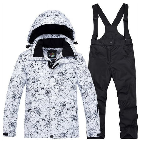 Xfvqtps Ski Jacket and Pant Set Snowboarding Snowsuit Adjustable Drawstring Hooded Coat Adjustable Overalls Waterproof Windproof Winter Warm Ski Suits Black