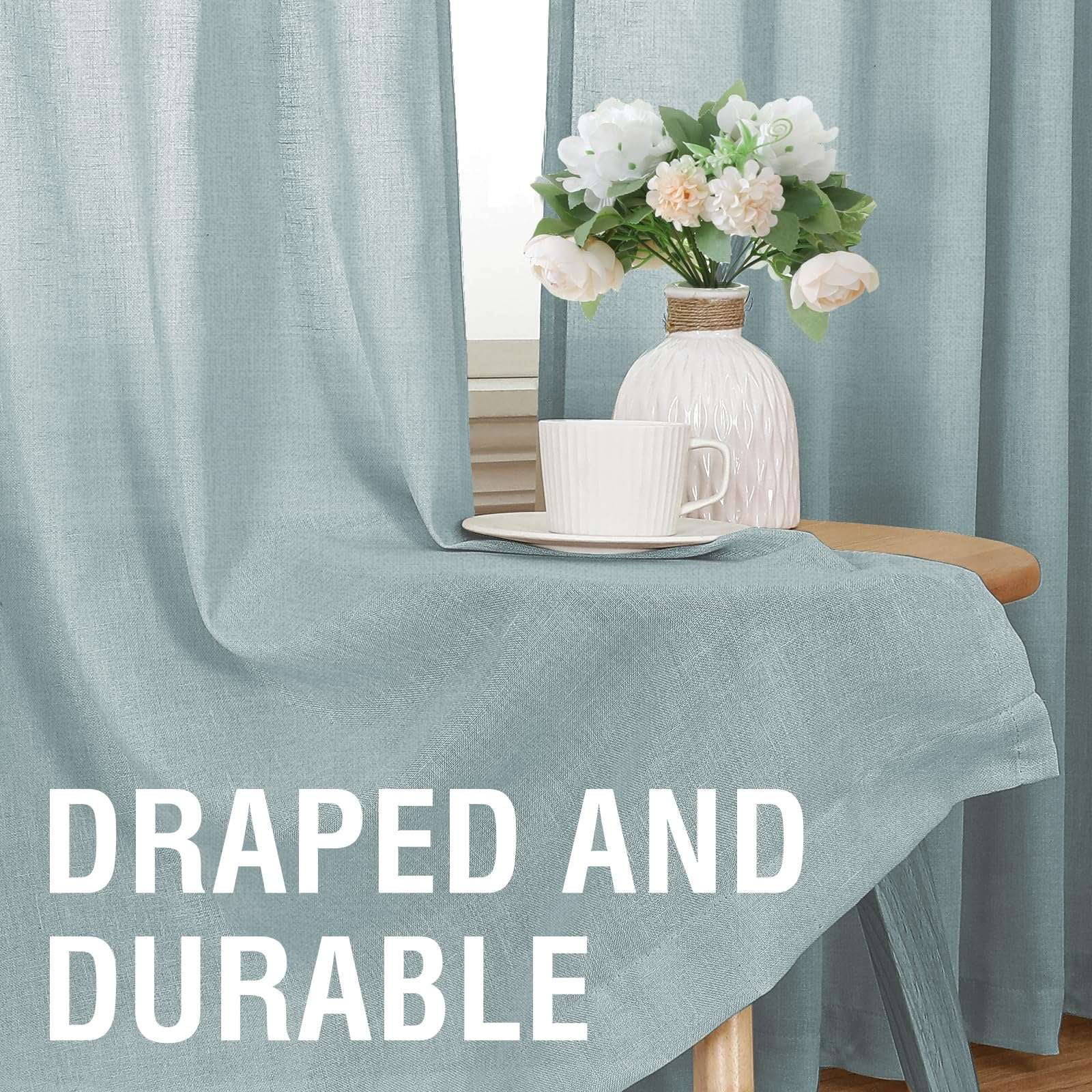 Turquoize Classic Natural Linen Privacy Curtains Light Filtering for Living Room 2 Panels Back Tab, 52" x 63" , Cloud Blue