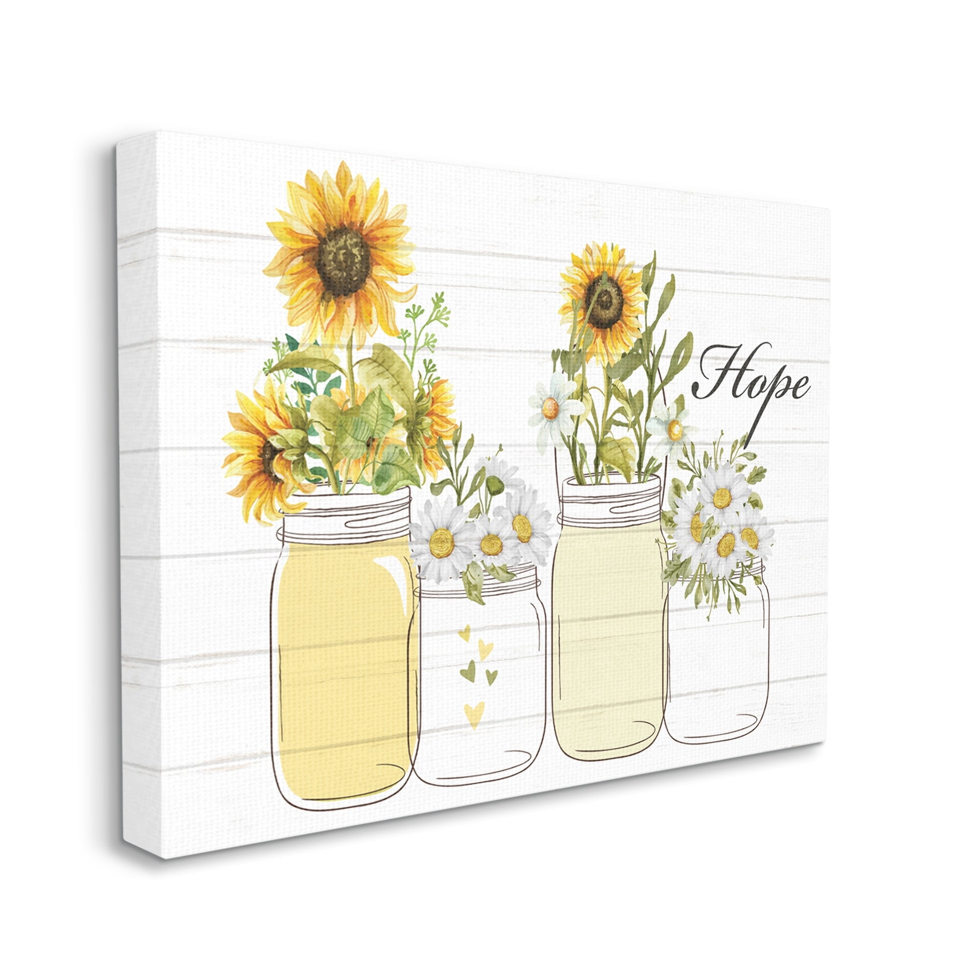 Stupell Industries Hope Script Sunflower Jars Rustic Country Flowers Graphic Art Gallery Wrapped Canvas Print Wall Art, Design by Kim Allen