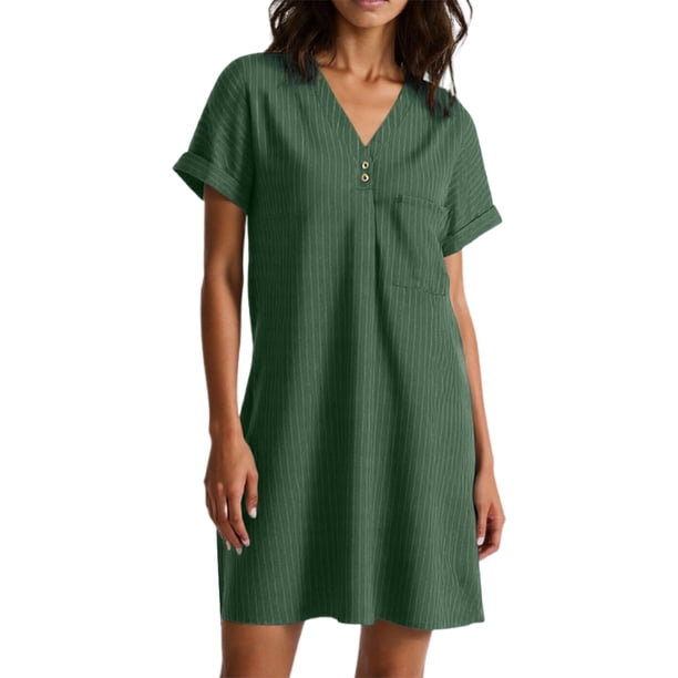 WILLBEST Vestidos De Verano Para Mujer, Vestido Playero De Lino De Color Liso Con Mangas Cortas Y Cuello En V, Ligero, Transpirable Y Elegante, Informal, Para Vacaciones, Viajes Y Uso Diario.