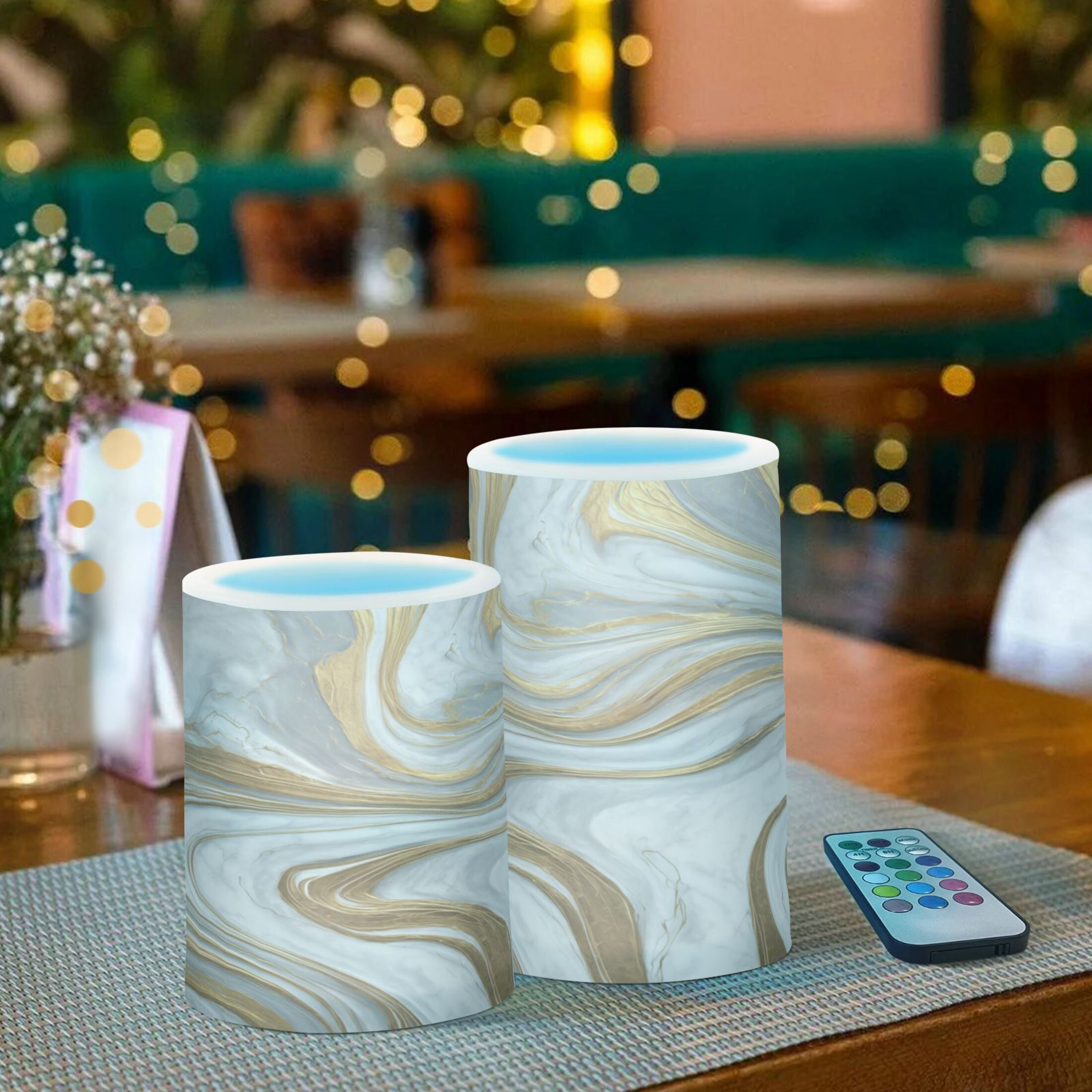 2 PCS LED Flicker Flameless Candle with Remote Control Realistic 3D Wick LED Window Decoration Candle Set for Wedding Table Home Decor Favors Gold and White Marble