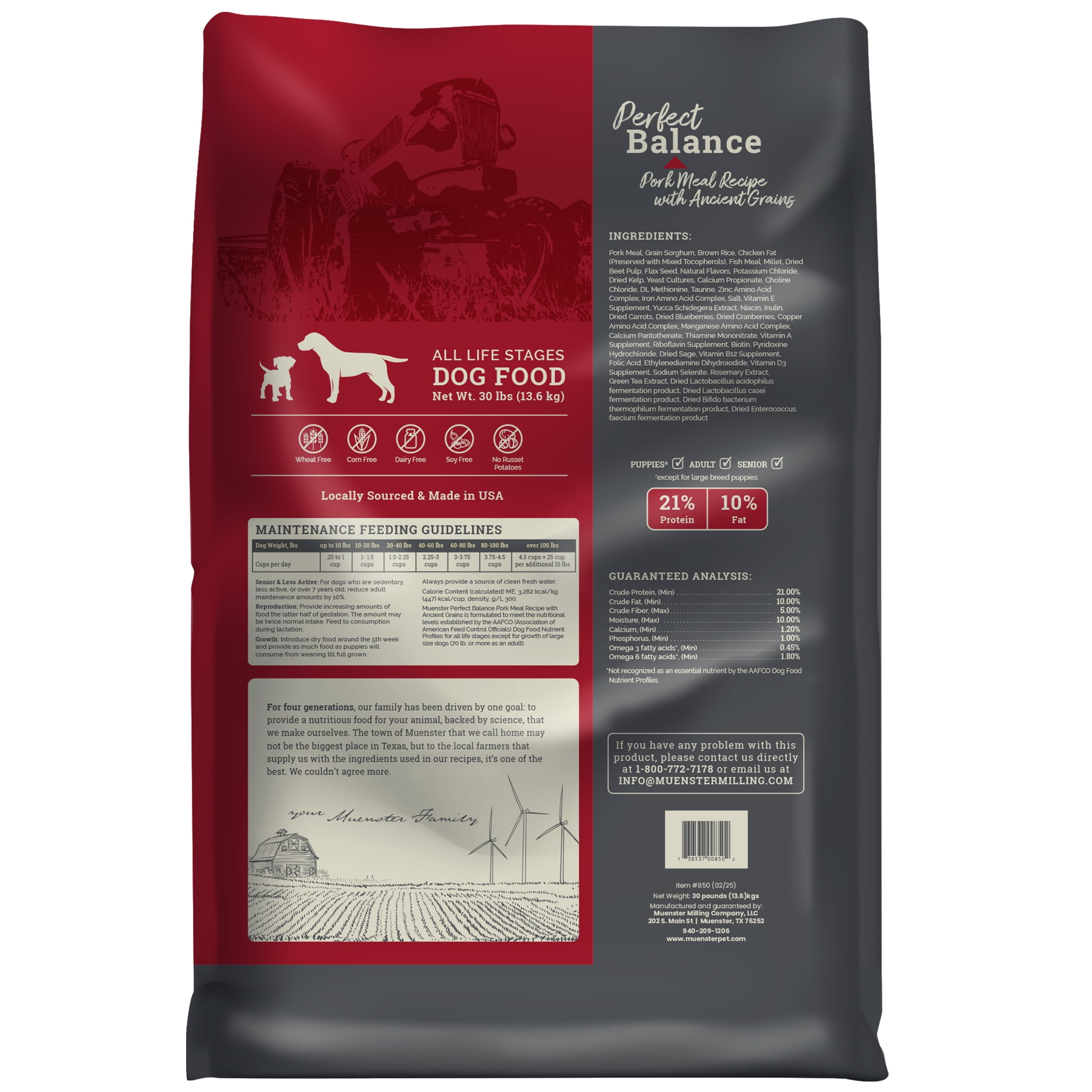 Muenster Perfect Balance Ancient Grains Pork Moderate Protein and Fat Dry Dog Food, All Life Stages, 30 lb Bag