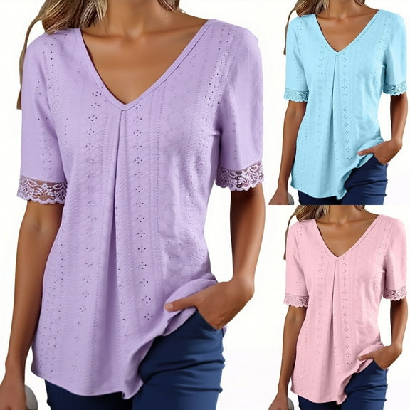 FRSASU Womens Dressy Casual Shirts Solid Color Short Sleeve V Neck Pleated Work Blouse Business Casual Tops Sky Blue XL(XL)