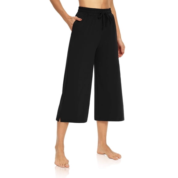 DIBAOLONG Womens Capri Pants Loose Yoga Pants Wide Leg Drawstring Comfy Lounge Pajama Capris Sweatpants with Pockets Black M