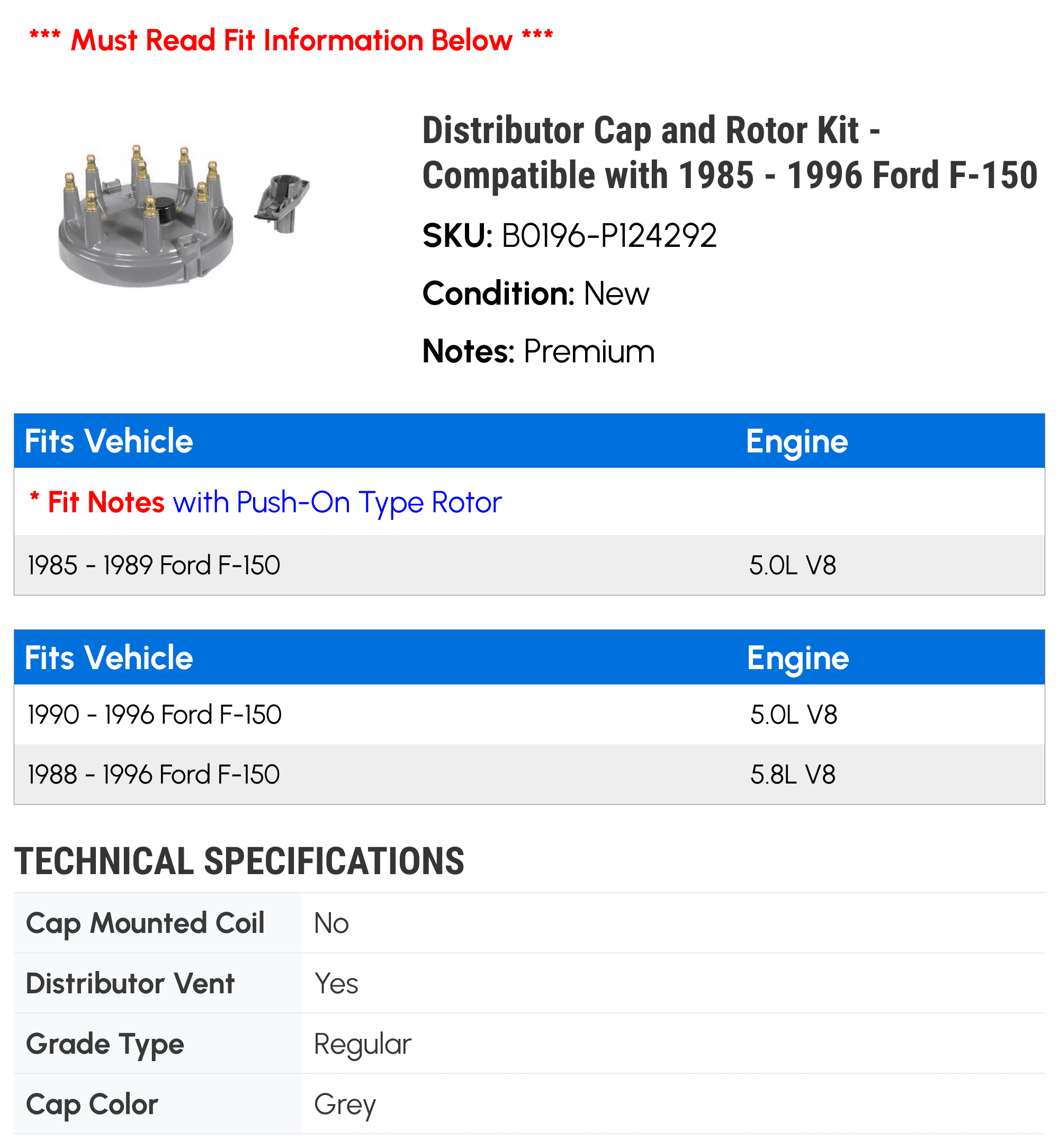 Distributor Cap and Rotor Kit - Compatible with 1985 - 1996 Ford F-150 1986 1987 1988 1989 1990 1991 1992 1993 1994 1995