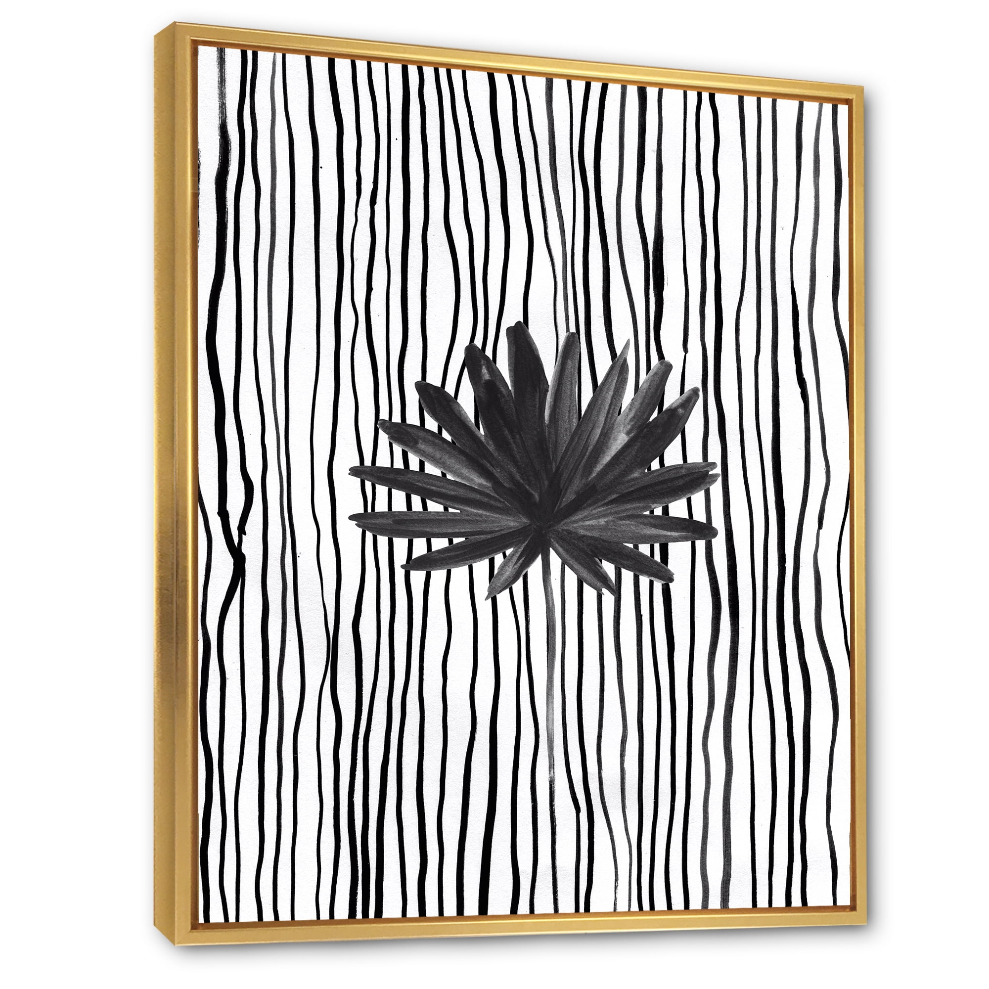 Designart 'Black and White Striped Under Tropical Leaf III' Modern Framed Canvas Wall Art Print