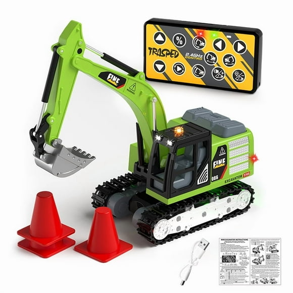 Mini RC Excavator Toys for Kids, 1/64 Scale Remote Control Construction Vehicles with Lights & Sound for Boys Girls Christmas Birthday Gifts-Green