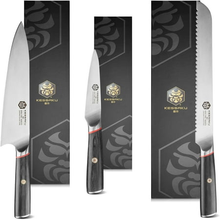

Kessaku 8-Inch Chef 9-Inch Bread 4-Inch Paring - Spectre Series Knife Set - Forged High Carbon Japanese AUS-8 Stainless Steel - Pakkawood Handle with Blade Guards