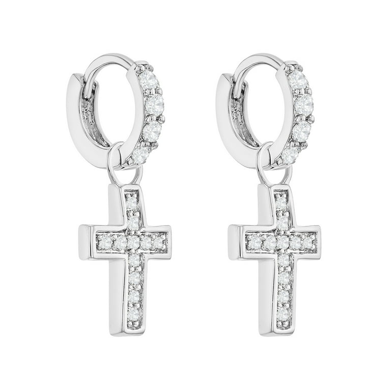 Rhodium-plated Sterling Silver Huggie Hoop Earrings with Dangle Cross Rhodium-plated Sterling Silver Huggie Hoop Earrings with Dangle Cross