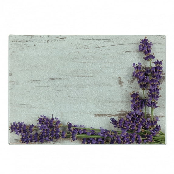 Rustic Wood Cutting Board, Lavender Flower on Vintage Old Style Table Retro Illustration, Decorative Tempered Glass Cutting and Serving Board, in 3 Sizes, by Ambesonne