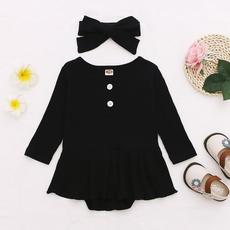 

BadyminCSL Infant Baby Girls Long Sleeve Solid Ribbed Clothes Romper Dress Hairband Outfits
