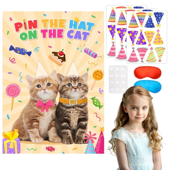 Pin The Hat on The Cat Party Games, 7 Pcs Cat Birthday Party Games Kit - Cat Games Poster, Cat Party Games Blindfold & Cat Birthday Hat Stickers etc Cat Birthday Decorations Supplies
