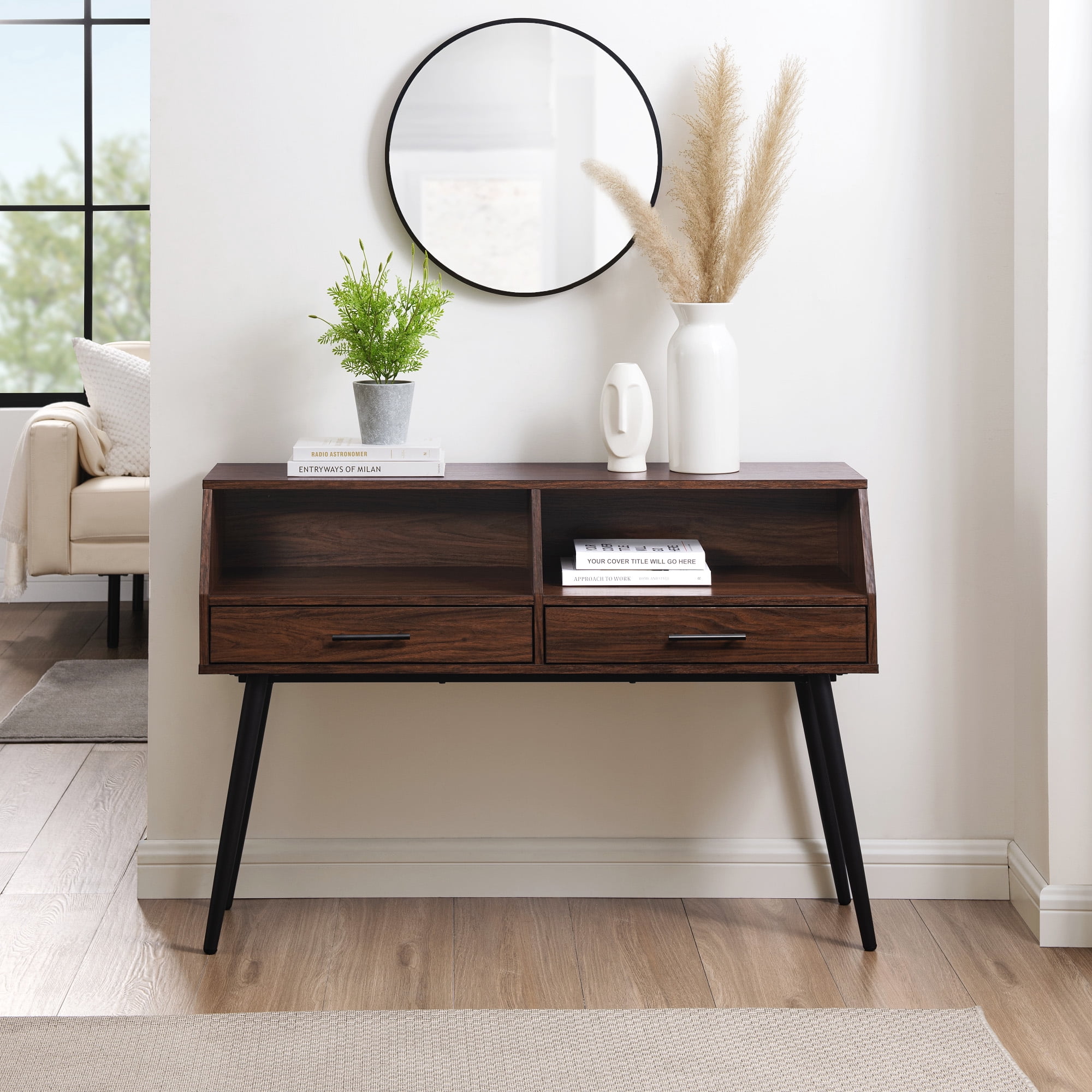 Walker Edison 44” Mid-Century Modern 2-Drawer Entry Table, Dark Walnut