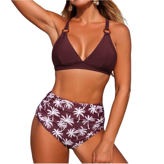 Zpanxa Two Piece Swimsuit for Women V Neck Suspender Bikini Set Adjustable High Waisted Solid Color Bathing Suit