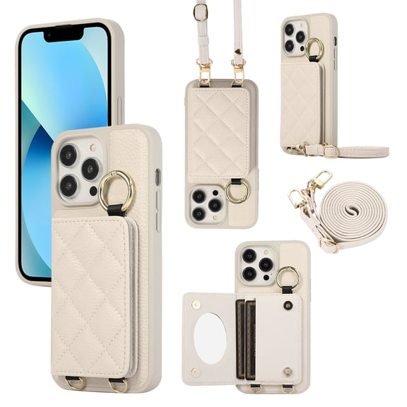 ELEHOLD Case for iPhone 13 Pro Max,Detachable Lanyard Crossbody Leather Wallet Case with Ring Holder & Mirror,White