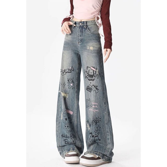 Pantalones vaqueros rectos de verano para mujer de Sanrio Hello Kitty, pantalones estilo americano con estampado de grafiti y dibujos animados, pantalones nuevos holgados y rotos para chica Y2k