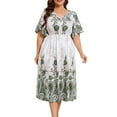 thumbnail image 1 of HVOBTTY Robes d'Été Décontractées à Manches Courtes pour Femmes, Robe Ample à Manches Évasées pour Femmes, Vacances à la Plage, Jupe Mi-Longue Imprimée Fraîche Verte, TTG, 1 of 4