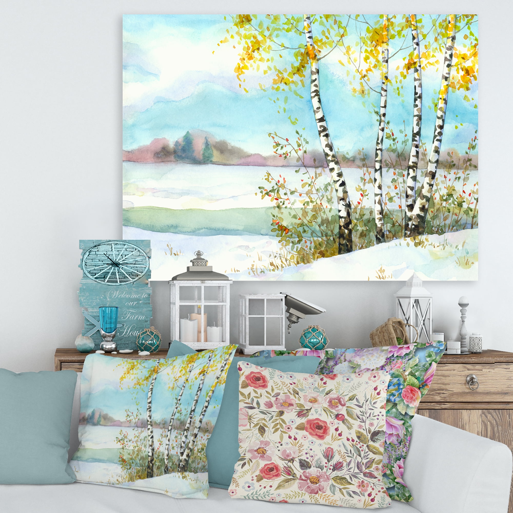 Designart ' Birches In Snowy Land ' Lake House Canvas Wall Art Print