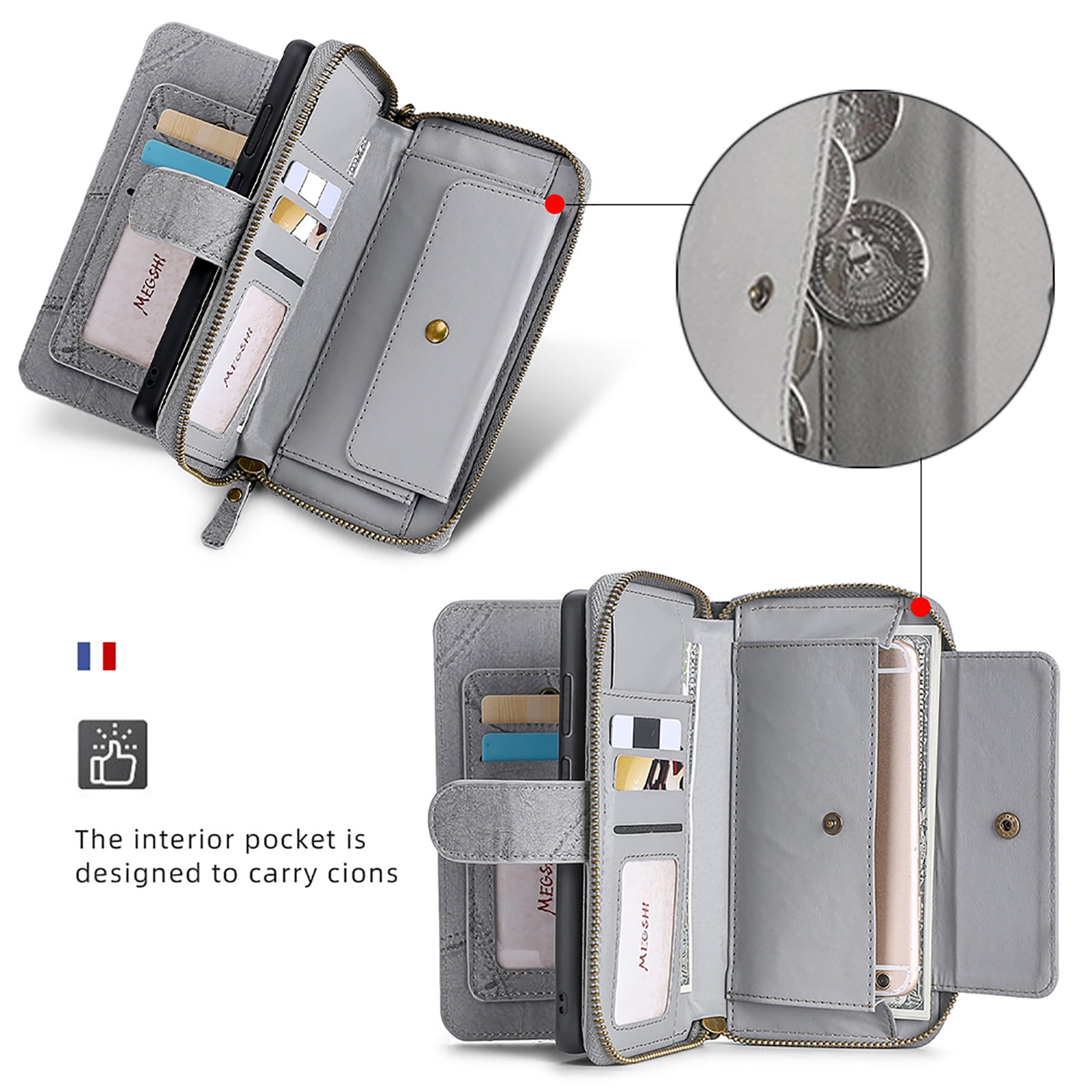 For Samsung Galaxy A15 Wallet Case with RFID Blocking Credit Card Holder, Detachable Wallet Phone Case Magnetic Closure Flip Kickstand PU Leather Flip Lanyard Strap Wristlet Zipper Purse,Gray