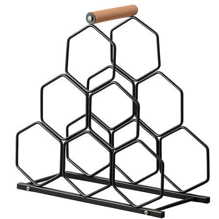 Creative Honeycomb Wine Rack, Black Metal and Wood Wine Cabinet, Holds 6 Bottles, Space-Saving Bar Liquor Rack, Modern Wine Storage for Restaurants Home